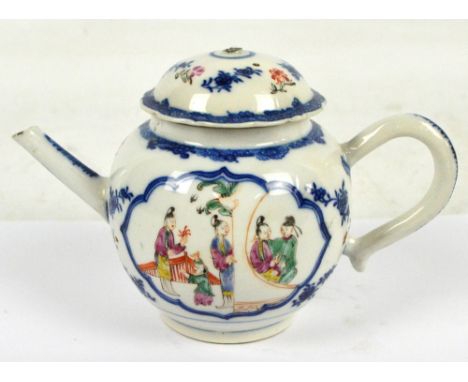 An 18th century Chinese porcelain teapot of globular form, painted in enamels with two opposing figural garden scenes within 