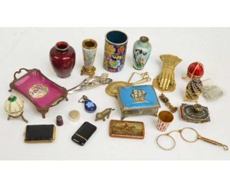 A small collection of decorative items including a ginbari cloisonné vase, enamel decorated tot cup, a blotter, snuff box dec