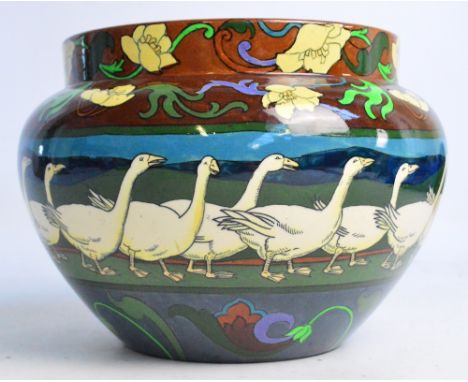 A rare c.1900 Foley "Intarsio" ceramic jardinière of squat bulbous form with raised rim, painted with band of geese with dark