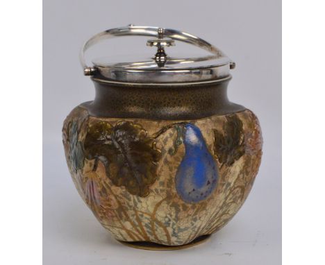 A Doulton Burslem Slater's Patent electroplated mounted biscuit barrel of squat lobed form, with moulded floral and foliate g
