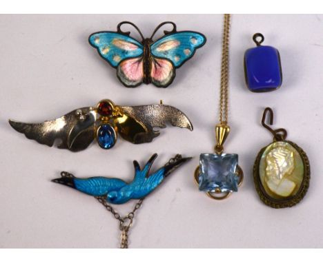 A Norwegian sterling silver and enamel butterfly brooch, a similar swallow pendant on fine silver open link chain, a stylised