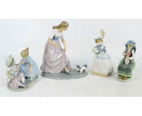 A Lladro figure of a young lady seated with flowers, and three Nao figures.