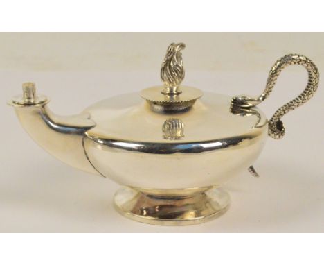 A George VI hallmarked silver table lighter in the form of an oil lamp with handle modelled as a snake and finial modelled as