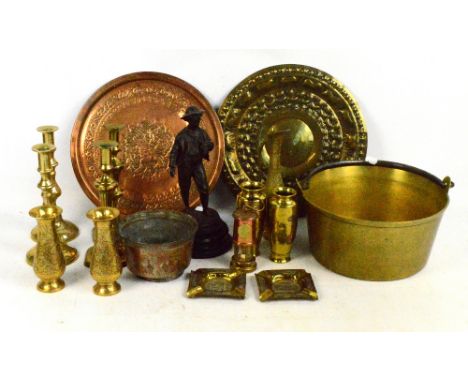 A small quantity of predominantly brass items including a jam pan, candlesticks, Eastern vases, a small miner's lamp, charger