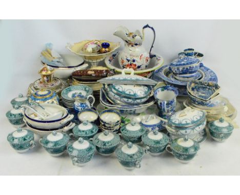 A large quantity of decorative ceramics including a Masons twin handled loving cup (af), 19th century tea bowls, teapot, twin