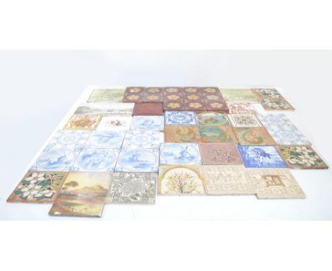 A quantity of tiles, including a relief terracotta decorated example by Minton, Hollins & Co, a set of thirteen encaustic til