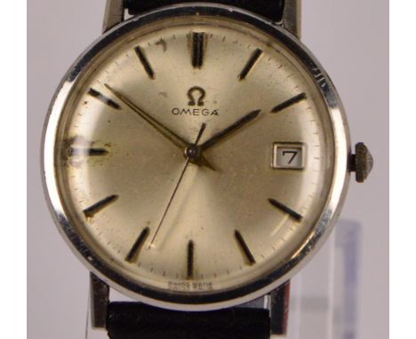 OMEGA; a vintage stainless steel gentleman's wristwatch, the champagne dial set with baton numerals, with date aperture and s