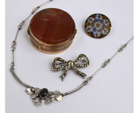 A sterling silver necklace with central foliate section set with oval green cabochon, a base metal marcasite set bow brooch, 