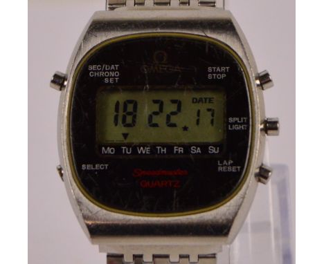OMEGA; a stainless steel digital quartz Speedmaster gentleman's wristwatch with start/stop button, split light button, lap/re