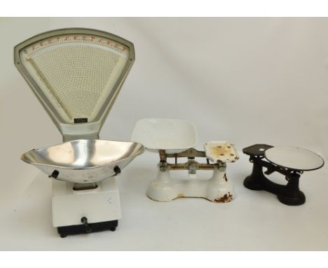 Two pairs of vintage scales; one by Fairbanks of Birmingham, and a set of shop scales by Sims Brothers of Leek, height 60cm (