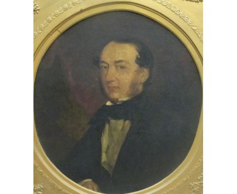 UNATTRIBUTED (LATE 19TH CENTURY BRITISH); oil on canvas, circular head and shoulders portrait of a Victorian man in dress clo