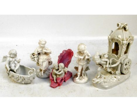 A small collection of predominantly white continental ceramic figures comprising an angel pulling a carriage, an angel in a b