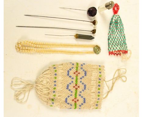 Four vintage hat pins to include sequin decorated example, a costume two strand simulated pearl necklace, and two bead decora