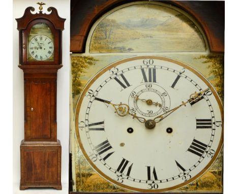 A George III oak crossbanded and inlaid eight day longcase clock, the broken swan neck pediment with brass eagle finial above