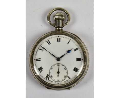 ROLEX; an early 20th century hallmarked silver open faced crown wind pocket watch, the circular enamel dial set with Roman nu