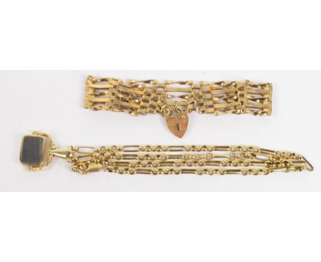 A 9ct yellow gold gate link bracelet with heart shaped padlock clasp, length 18cm, and a 9ct gold mounted mother-of-pearl set