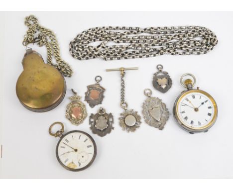 A Swiss silver cased open face key wind fob watch, the circular enamel dial set with Roman numerals, in brass case with suspe