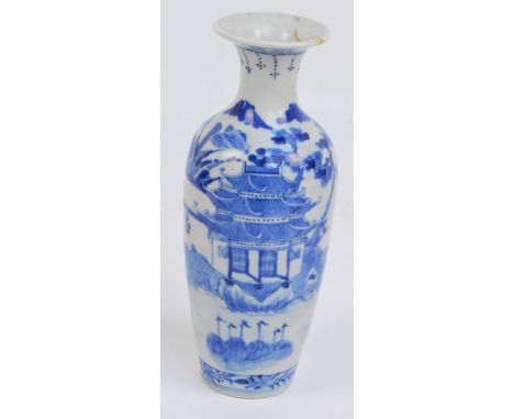 A late 19th century Chinese baluster vase with flared rim painted in underglaze blue with architectural and figural landscape