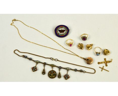 An interesting mixed lot of jewellery including an oval specimen brooch centred with a butterfly, a 14ct yellow gold dress ri