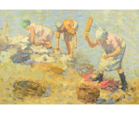 LOUIS VAN DER BEESEN (born 1938); large oil on canvas, study of three women working on a shoreline, signed Baring Fraser & So