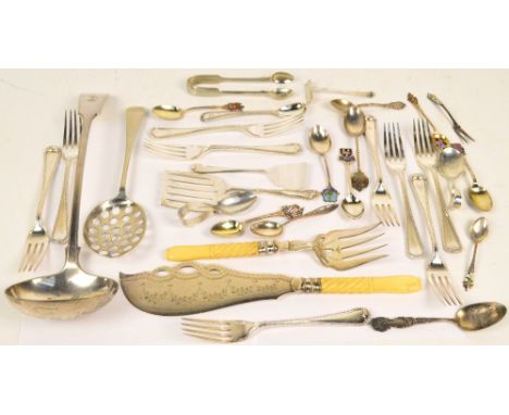 A group of various electroplated flatware including a set of nine bead decorated dessert forks, a fiddle pattern soup ladle, 
