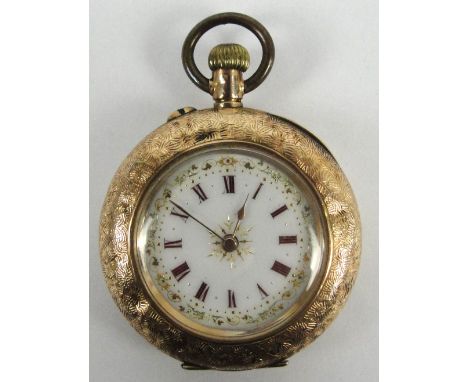 A 14ct yellow gold cased crown wind open faced fob watch, the case decorated with flowers with a shield shaped vacant cartouc
