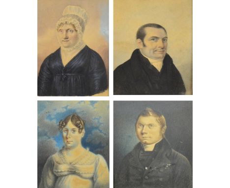 ENGLISH SCHOOL c1830; a pair of watercolour rectangular portrait miniatures depicting a man wearing a black coat and white cr