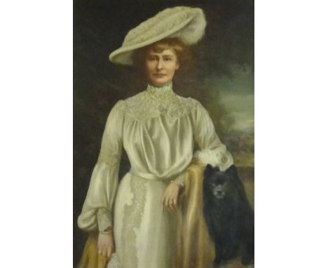 JOHN HORSBURGH (1791-1869); large oil on canvas, portrait study of a woman wearing feather bonnet standing beside her dog, si