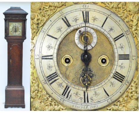 A George III oak longcase clock, the 11" brass dial with Roman numerals to the silvered chapter ring, eight day movement and 