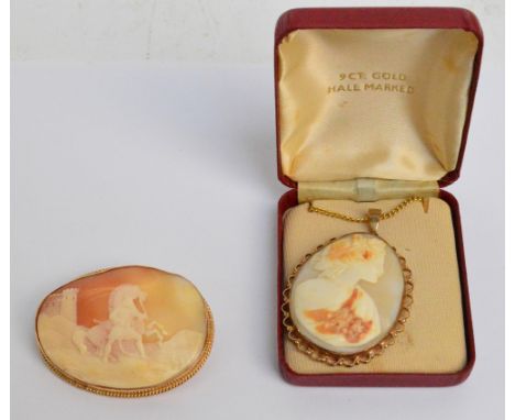 A 9ct gold oval cameo brooch depicting a figure leading a horse before a castle, diameter 6.2cm, and a 9ct gold framed oval p