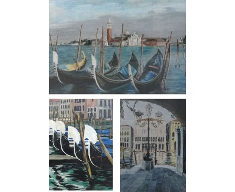 JOAN MARGARET WARRINGTON; two watercolours, scenes of Venice, "Gondolas", unsigned, 29 x 17cm, "Venetian lamp post", initiall