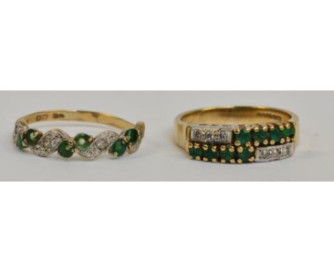 A 9ct yellow gold diamond and emerald ring, with two bands of three bezel set diamonds alternating with two bands of four rou