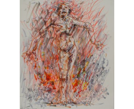 PETER HOWSON OBE (born 1958); pen and ink heightened with pastel, untitled, study of a figure with flames behind, signed and 