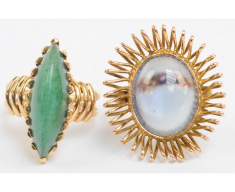 A 1960s 18ct yellow gold ring set with jadeite in claw setting, size O/P, and a further 18ct gold example set with large oval