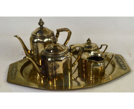 A German 800 standard three piece tea set plus tray of shaped form with vertical foliage and fruit motifs, maker FZM, width o