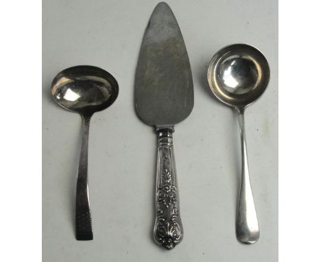 A Victorian hallmarked silver Hanoverian pattern sauce ladle with circular bowl, Francis Higgins III, London 1889, a further 