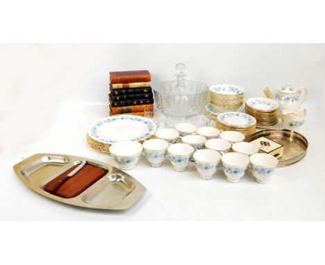 A quantity of Colclough blue and white floral decorated dinner and teaware, a cut glass bowl, decanter and five tumblers, sma