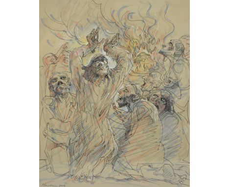 PETER HOWSON OBE (born 1958); ink with some heightening in watercolour and pastel, untitled, study of figures, signed and dat