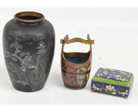 A Japanese cloisonné vase modelled as a carrying pail, a modern cloisonné rectangular box and a mother-of-pearl inlaid ovoid 