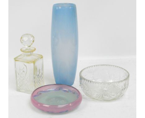 An Ysart pink, blue and green tinted small glass bowl, diameter 24.5cm; a large grey/blue Villeroy and Boch glass vase; a cut