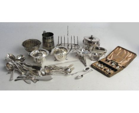 A quantity of electroplated items including an Oriental landscape decorated teapot of rectangular form by Joseph Ridge & Co o