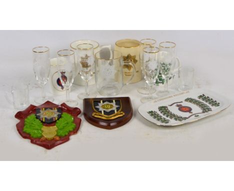 A group of the 22nd Cheshire Regiment related items including ceramic mugs, a set of six champagne glasses, and two wooden pl