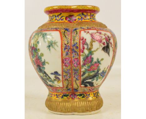 A late 19th/early 20th century Chinese porcelain bi-lobed vase of baluster form, decorated with four panels depicting birds p