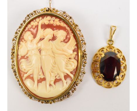 A shell cameo brooch of the Three Graces in a filigree yellow metal frame with illegible mark, and folding suspension ring, a