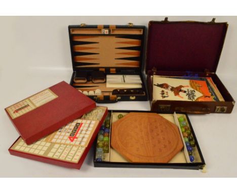 A vintage leather slim case, a trinket box, a cased backgammon set, boxed solitaire and a boxed twin set table model game (5)