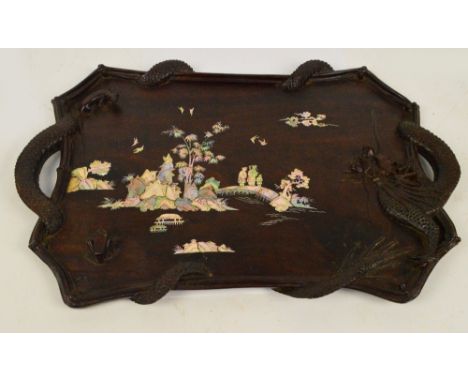 A late 19th century Chinese rosewood and mother of pearl inlaid tray depicting figural architectural scene, carved with lizar