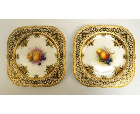 A matched pair of Royal Worcester porcelain cabinet plates of shaped square form, one hand painted with apples and grapes by 