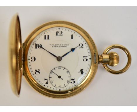 A gold-plated hunter cased crown wind pocket watch, the white enamel dial set with Arabic numerals, and subsidiary seconds di
