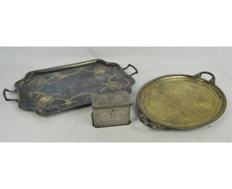 A silver plated twin handled shaped tea tray with engraved detail, length 66.5cm, an oval twin handled tea tray and a two div
