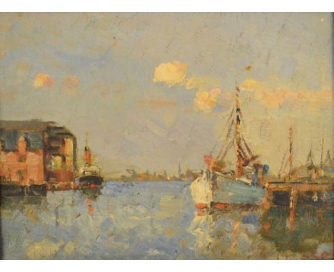 SVEND SINDING CHRISTENSEN (1898-1980); oil on canvas, port scene with ships, signed with initials lower right, 21 x 29cm, fra